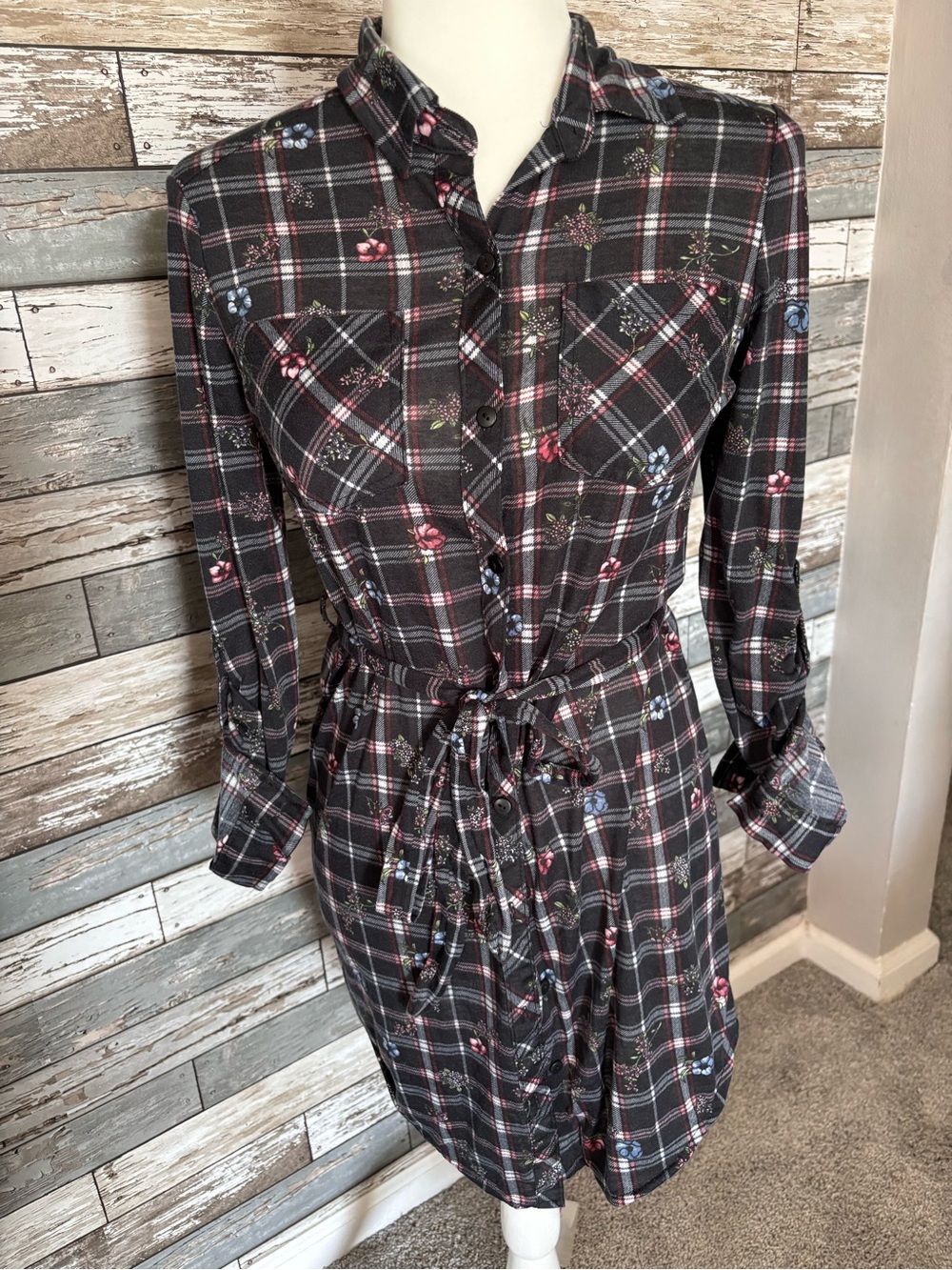 Passport Plaid Floral Dark Cottagecore Tie Waist Button Tunic Shirt/Dress Size S - Picture 2 of 11